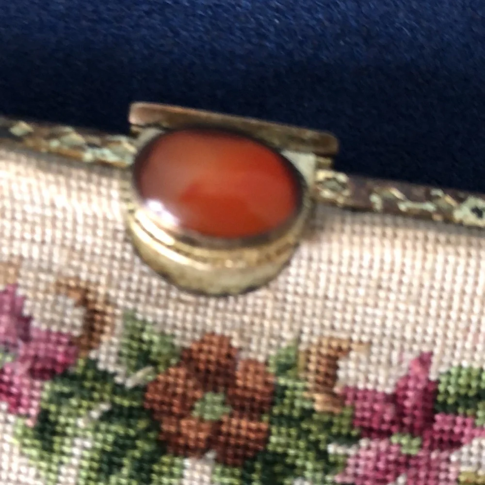 Vintage 50’s Petit Point Floral Needlepoint Purse with Jeweled Clasp & Chain - Picture 2 of 15